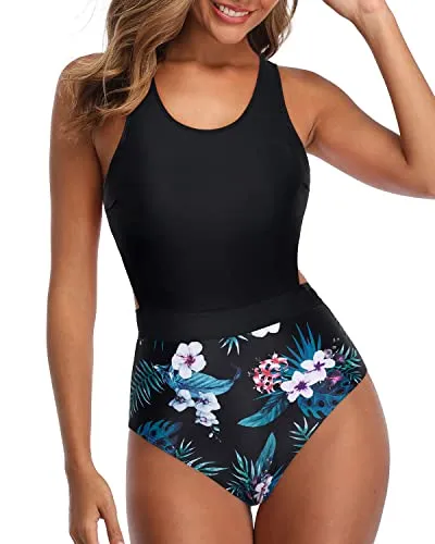 Padded Bra One Piece Tummy Control Cutout Swimsuits For Teen Girls-Black Floral