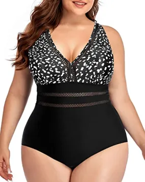 Padded Push Up Plus Size V Neck One Piece Swimsuit-Black Dot