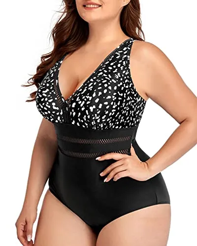 Padded Push Up Plus Size V Neck One Piece Swimsuit-Black Dot