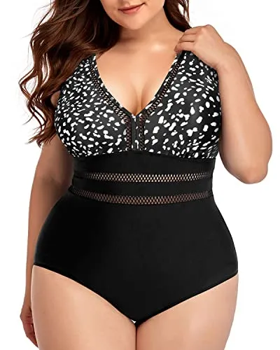 Padded Push Up Plus Size V Neck One Piece Swimsuit-Black Dot