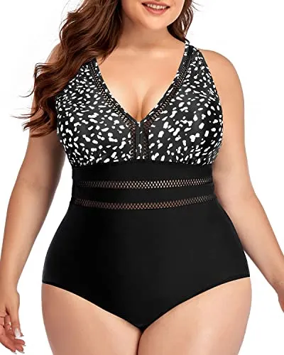 Padded Push Up Plus Size V Neck One Piece Swimsuit-Black Dot