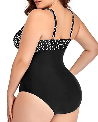 Padded Push Up Plus Size V Neck One Piece Swimsuit-Black Dot