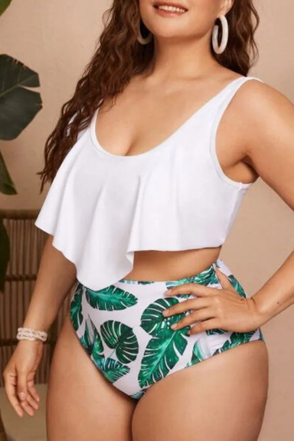 Palm Print Tropical Ruffle High Waisted Bikini