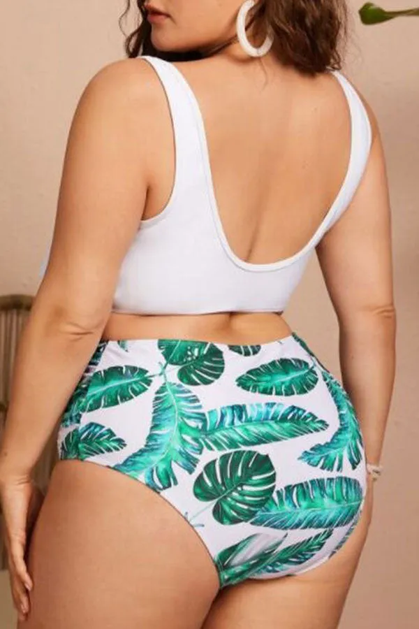 Palm Print Tropical Ruffle High Waisted Bikini