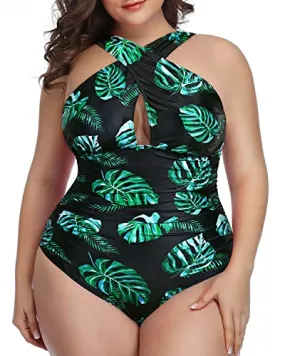 Plus Size Front Cross One Piece Swimsuit Tummy Control-Black And Green Leaf