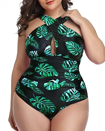 Plus Size Front Cross One Piece Swimsuit Tummy Control-Black And Green Leaf