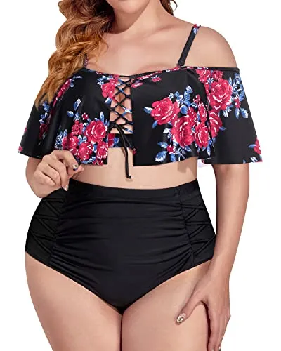 Plus Size Two Piece Swimsuits High Waisted Bikini Sets Lace Up Flounce Bathing Suits