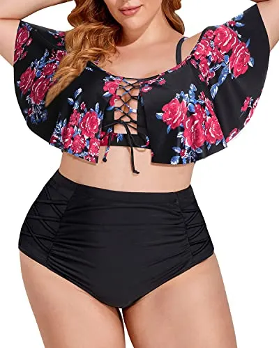 Plus Size Two Piece Swimsuits High Waisted Bikini Sets Lace Up Flounce Bathing Suits