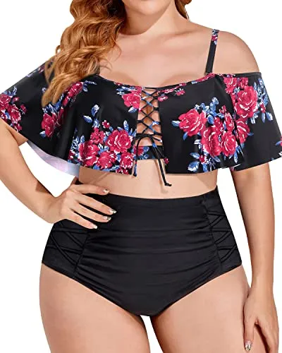 Plus Size Two Piece Swimsuits High Waisted Bikini Sets Lace Up Flounce Bathing Suits