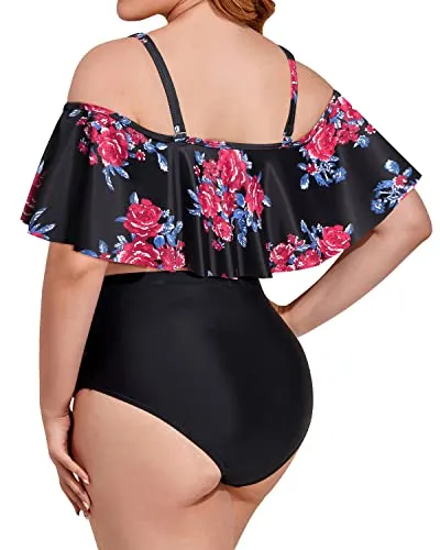 Plus Size Two Piece Swimsuits High Waisted Bikini Sets Lace Up Flounce Bathing Suits