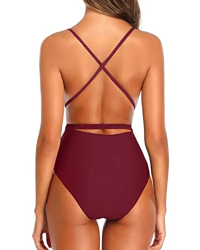 Removable Padded Bras One Piece Swimsuits For Big Busts-Maroon