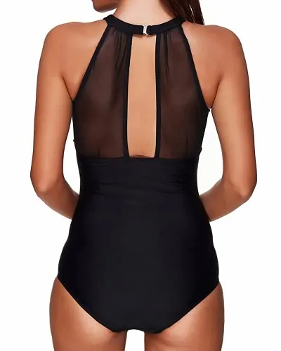 Ruched Retro Monokini Swimsuits For Women Tummy Control Mesh Bathing Suit-Black Flamingo