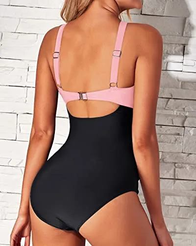 Ruched Waistband One Piece Front Cross Keyhole Swimsuits-Pink And Black