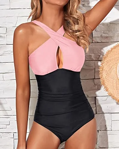 Ruched Waistband One Piece Front Cross Keyhole Swimsuits-Pink And Black