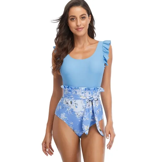 Ruffle Trim One Piece Swimsuit With Belt-NOT ELIGIBLE FOR EXCHANGE OR REFUND