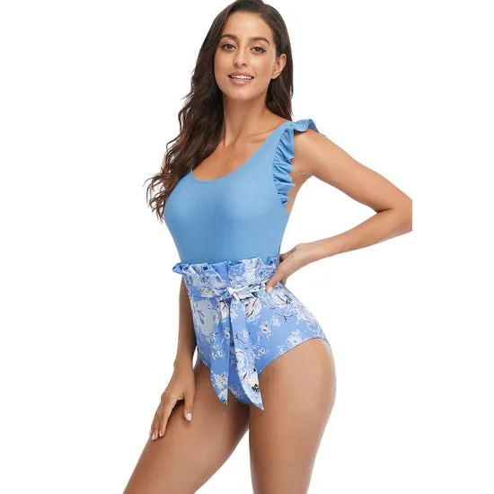 Ruffle Trim One Piece Swimsuit With Belt-NOT ELIGIBLE FOR EXCHANGE OR REFUND