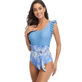 Ruffle Trim One Piece Swimsuit With Belt-NOT ELIGIBLE FOR EXCHANGE OR REFUND