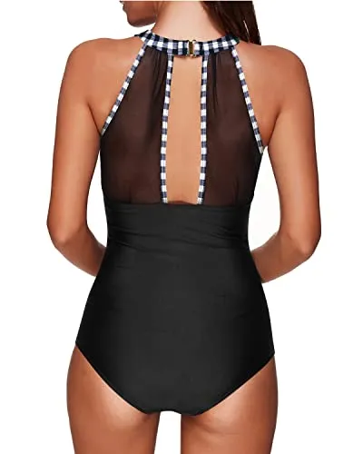 Sexy High Neck Mesh Monokini Women One Piece Swimsuit-Black And White Checkered