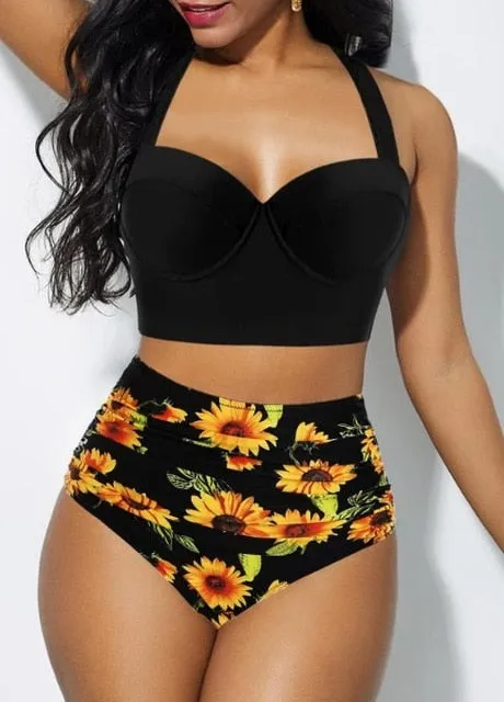Sexy High Waist Bikini Swimsuit Women Swimwear Print Push Up Bikini Set Bandeau Two Piece Suit Beach Wear Swimming Suit 2020 New