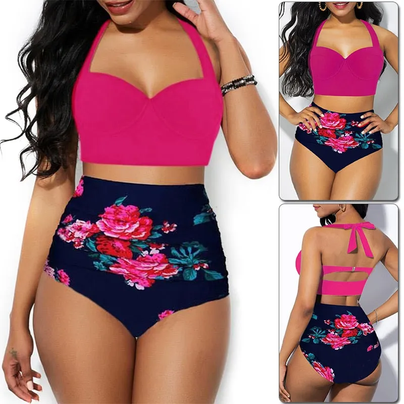 Sexy High Waist Bikini Swimsuit Women Swimwear Print Push Up Bikini Set Bandeau Two Piece Suit Beach Wear Swimming Suit 2020 New