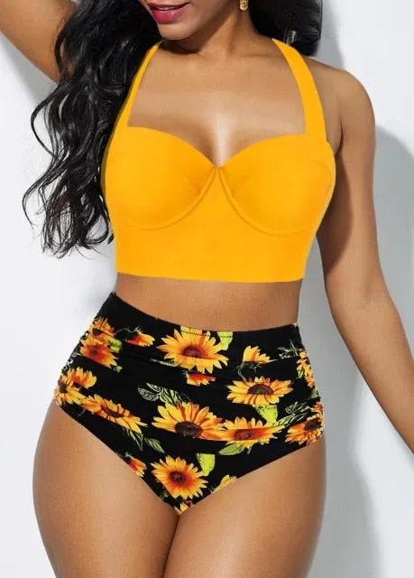 Sexy High Waist Bikini Swimsuit Women Swimwear Print Push Up Bikini Set Bandeau Two Piece Suit Beach Wear Swimming Suit 2020 New