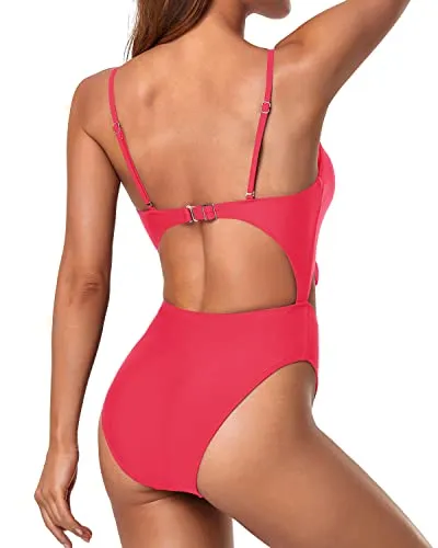 Sexy Hollow Out Backless V Neck 1 Piece Swimsuits-Red