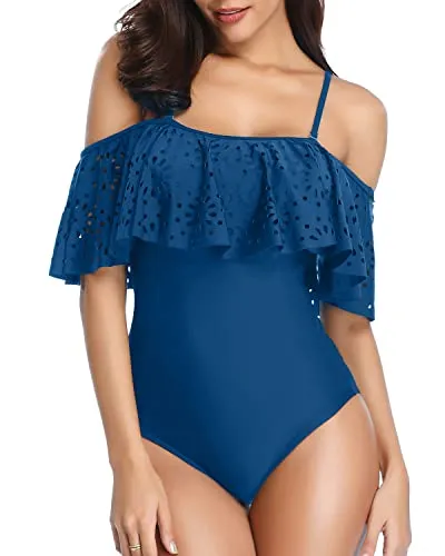 Sexy Hollow Out Lace 1 Piece Swimsuits For Women-Blue