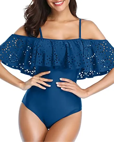 Sexy Hollow Out Lace 1 Piece Swimsuits For Women-Blue
