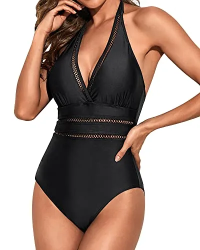Sexy Mesh Hollow Out Plunge Halter Swimsuit For Women-Black