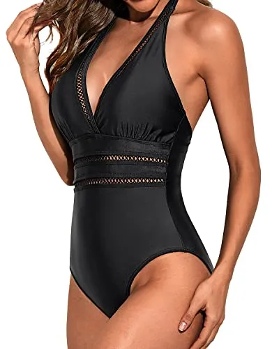 Sexy Mesh Hollow Out Plunge Halter Swimsuit For Women-Black