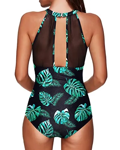 Sexy Mesh Ruched Women's One Piece Bathing Suit-Black And Green Leaf