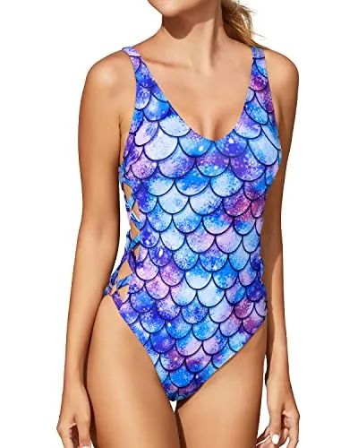 Sexy One Piece Swimsuit Bathing Suit Criss Cross Strappy Monokini-Blue-Purple Mermaid Scales