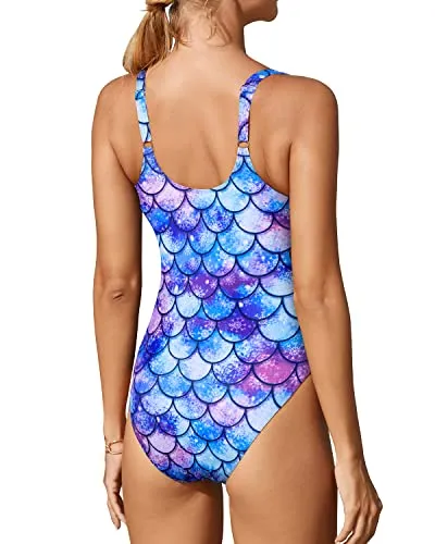 Sexy One Piece Swimsuit Bathing Suit Criss Cross Strappy Monokini-Blue-Purple Mermaid Scales