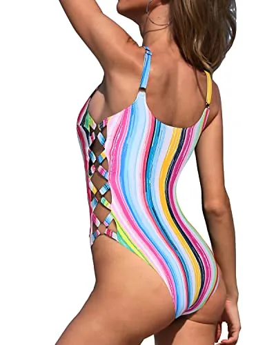 Sexy One Piece Swimsuit Strappy Bathing Suit Criss Cross Monokini-Colourful Striped