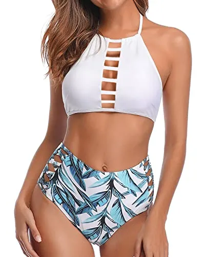 Sexy Open Back Bikini Set Adjustable Straps For Teens-White Leaf
