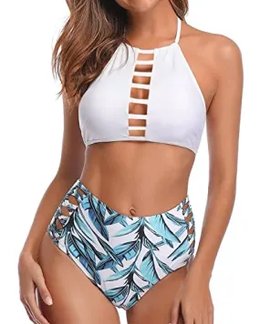 Sexy Open Back Bikini Set Adjustable Straps For Teens-White Leaf