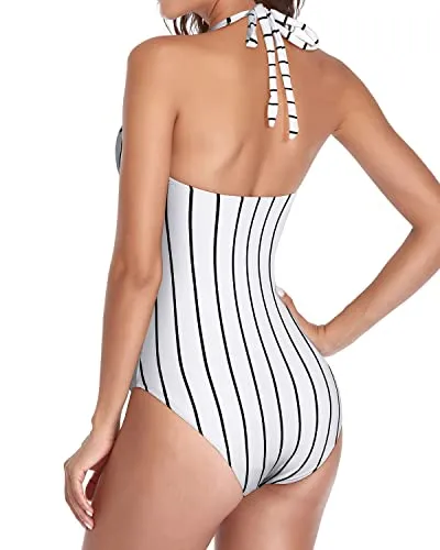 Sexy Ruched Slimming One Piece Swimsuits Backless Swimwear-White Stripe