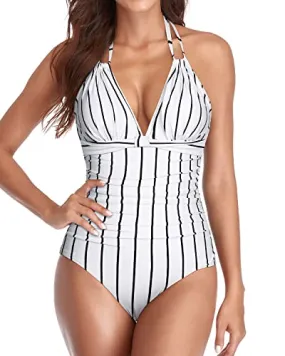 Sexy Ruched Slimming One Piece Swimsuits Backless Swimwear-White Stripe