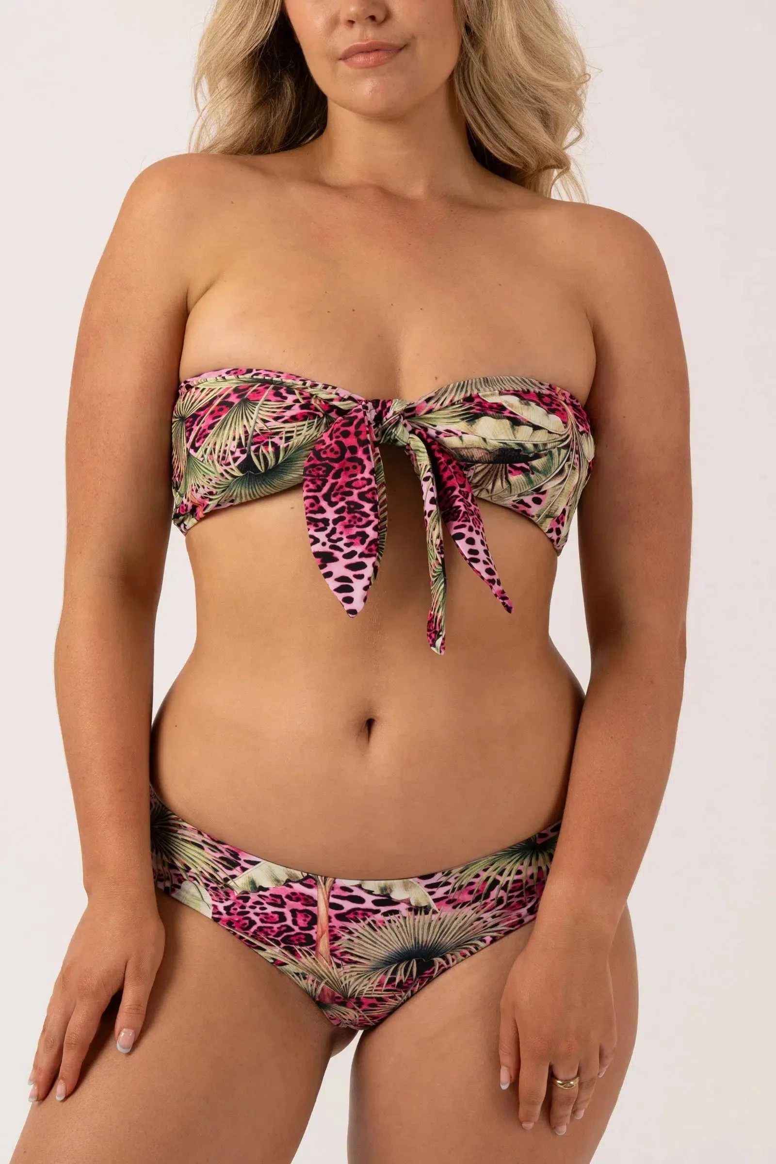 Silky Reversible Bandeau Bow Bikini Top - Pink Tropical Leopard