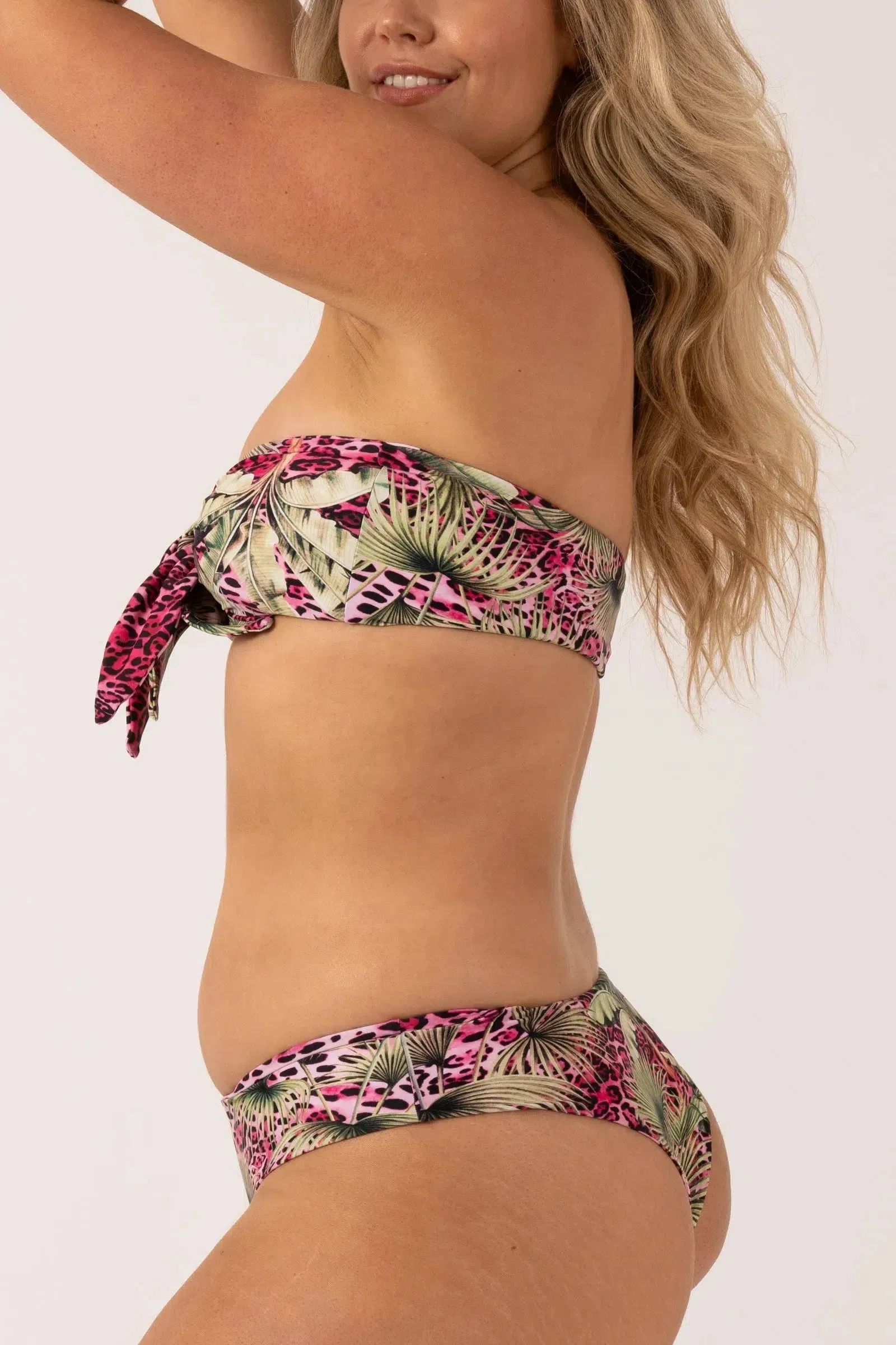 Silky Reversible Bandeau Bow Bikini Top - Pink Tropical Leopard