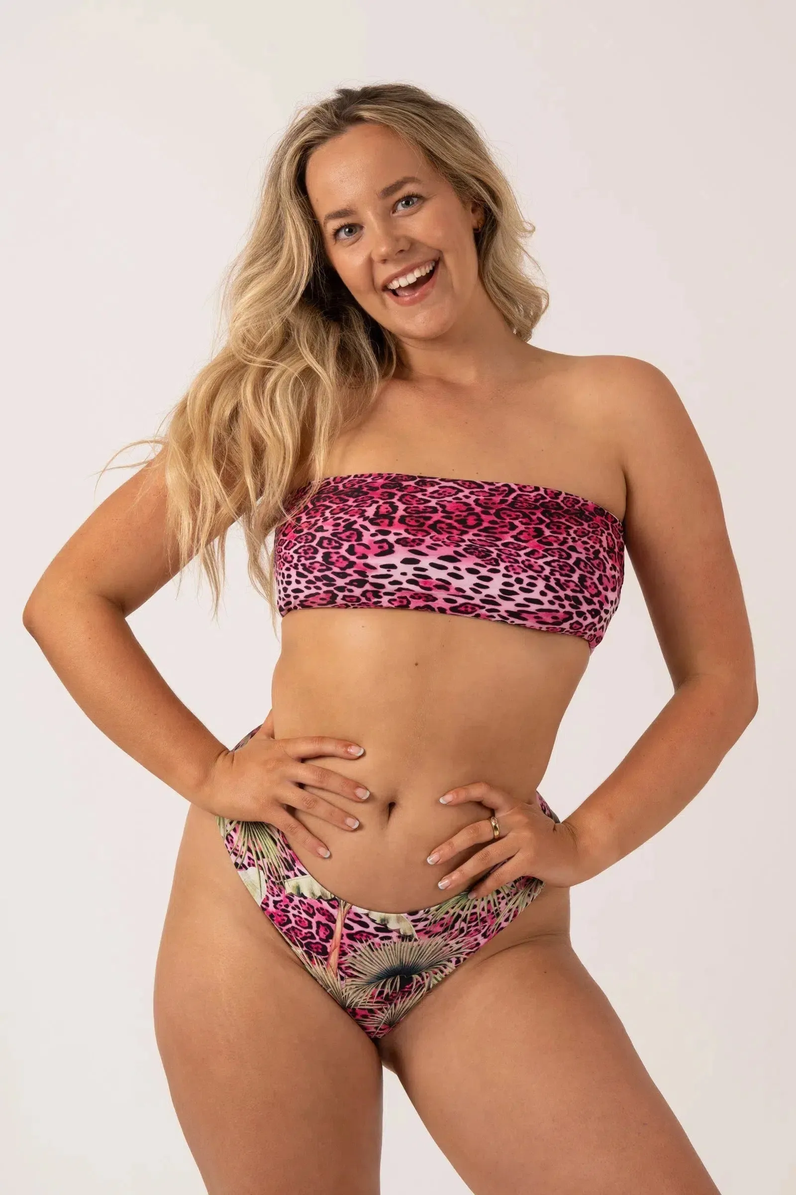Silky Reversible Bandeau Bow Bikini Top - Pink Tropical Leopard