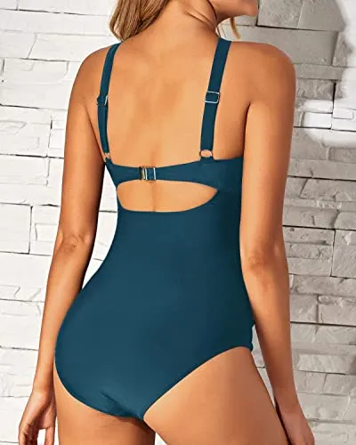 Slimming And Thinning One Piece Front Cross Keyhole Swimsuits-Teal