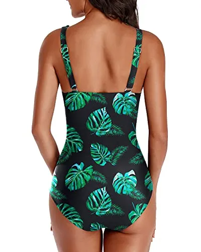 Slimming One Piece Swimsuit With Falbala Shoulder-Black And Green Leaf