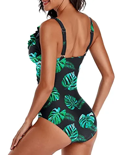 Slimming One Piece Swimsuit With Falbala Shoulder-Black And Green Leaf