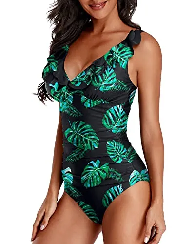 Slimming One Piece Swimsuit With Falbala Shoulder-Black And Green Leaf