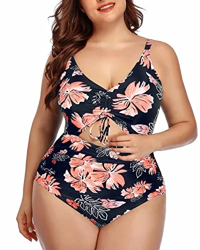 Snakeskin Cutout V Neck Monokini Swimwear-Black Orange Floral