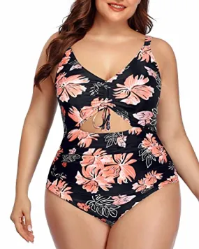Snakeskin Cutout V Neck Monokini Swimwear-Black Orange Floral