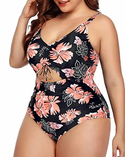 Snakeskin Cutout V Neck Monokini Swimwear-Black Orange Floral