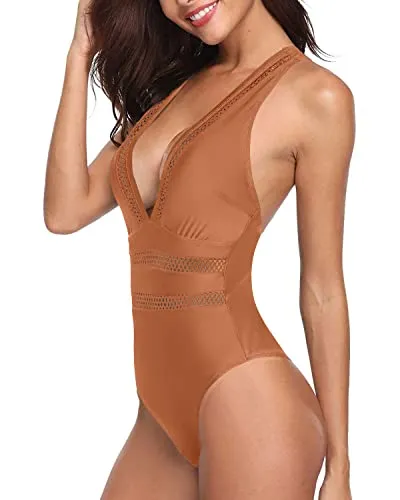 Sultry See Through Long Torso Monokini Bathing Suit-Brown