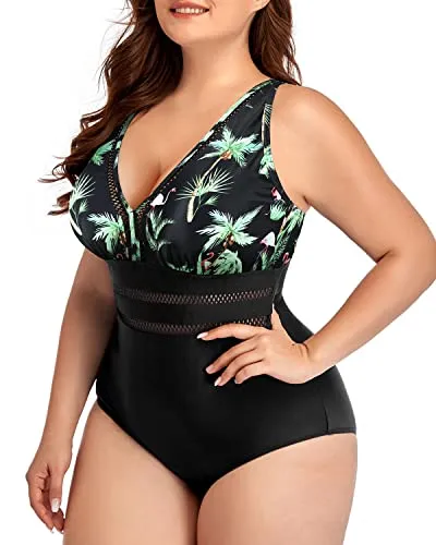 Tummy Control Cheeky One Piece Swimsuits For Women Plus Size-Black Palm Tree